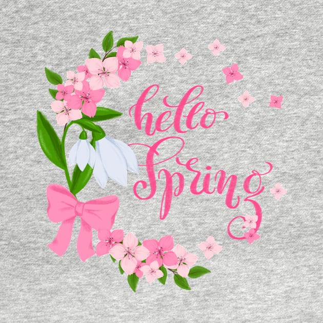 Spring wreath with snowdrops and cherry blossom and calligraphy "Hello Spring" by Ayaruta